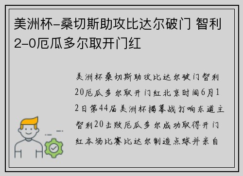 美洲杯-桑切斯助攻比达尔破门 智利2-0厄瓜多尔取开门红